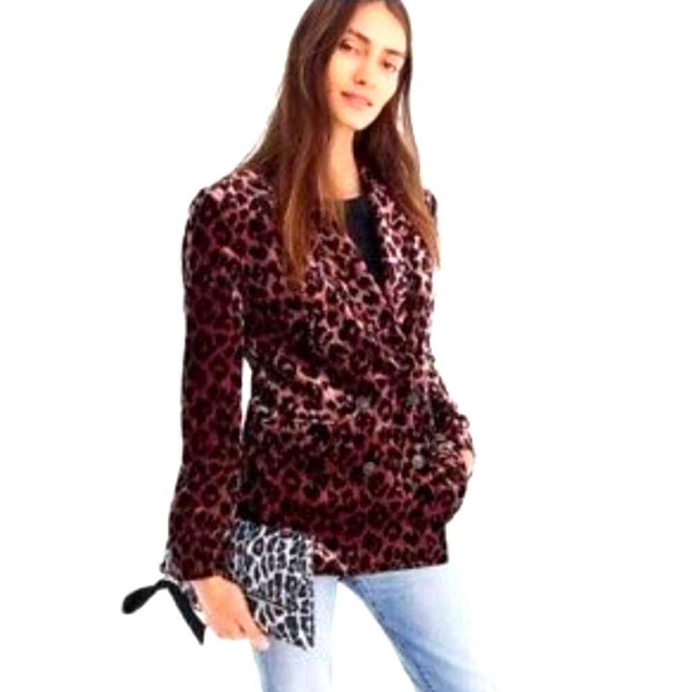 J. Crew Leopard Print Velvet Drapey Double Breasted Blazer, Rose Leopard, Size 8